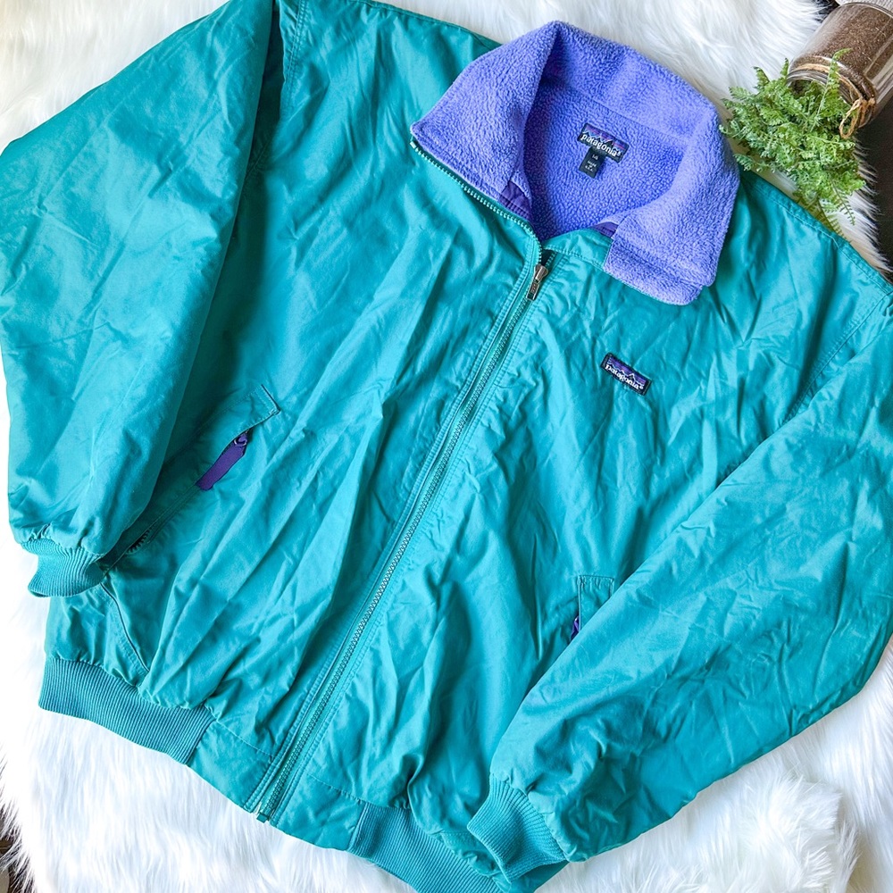 Patagonia Teal Snow Jacket with Purple Fleece Collar